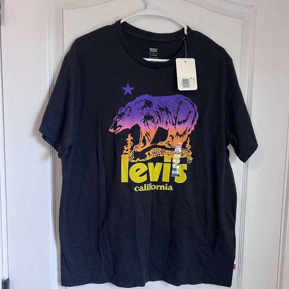 Levis Mens California Bear Graphic T-Shirt Black Purple Sunset Logo Large NEW